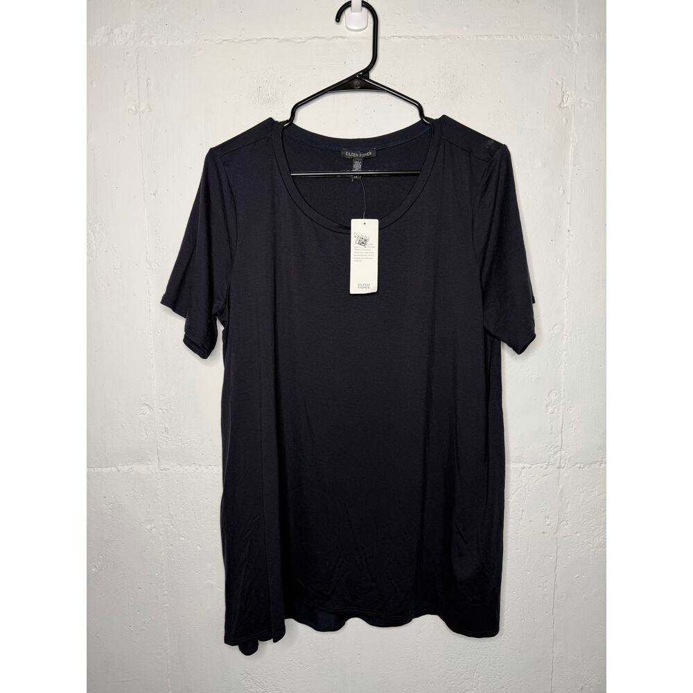 NEW Eileen Fisher Womens Black Fine Tencel Jersey Jewel Neck Top Size Large